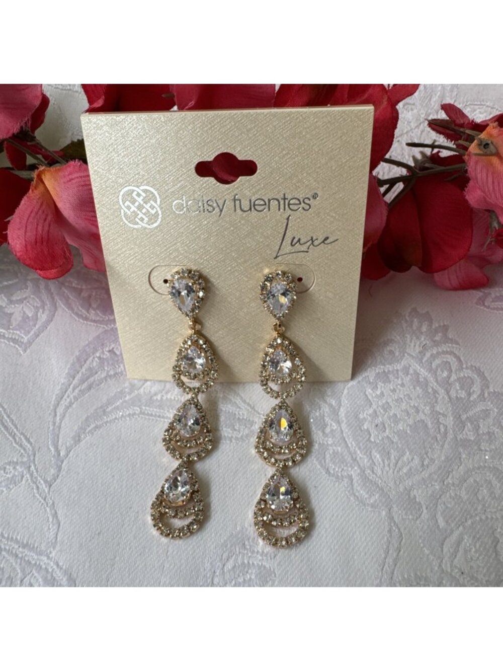 Daisy Fuentes Luxe Rhinestone Dangle Earrings Gold Tone Party Prom Formal NEW